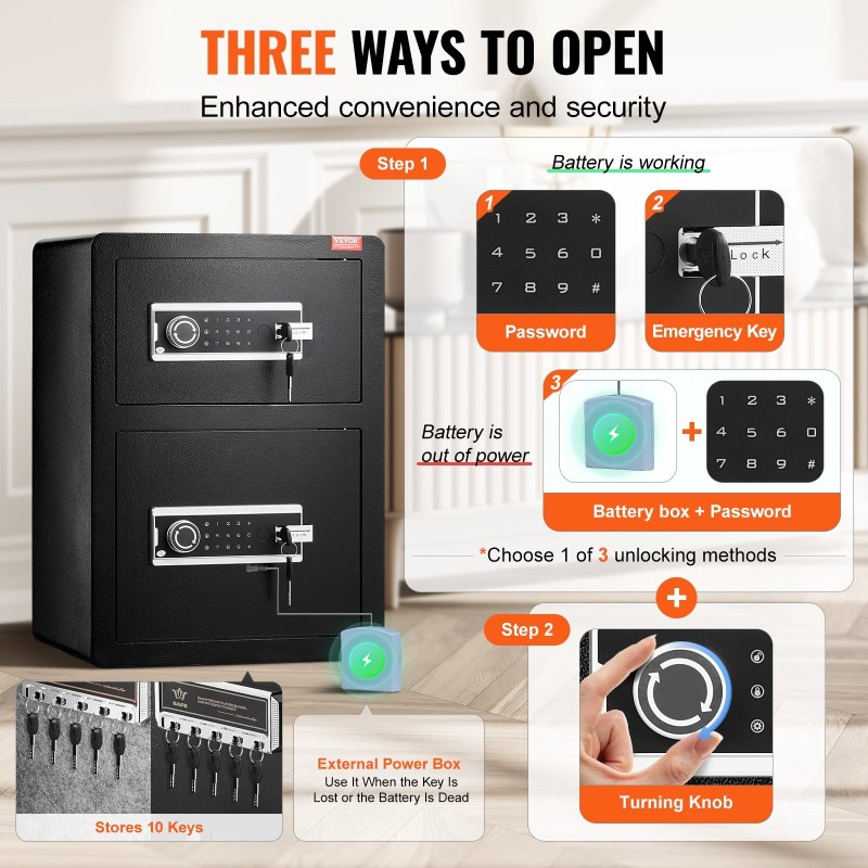 Turvakaappi seosterästä 3,5 kuutiojalkaa avainlukko ja salasana LED-valaistus korkeussäädettävä irrotettava välilevy