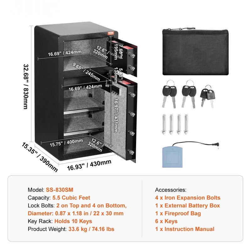 Turvakaappi seosteräksestä 5,5 kuutiojalkaa sähköisellä numerolukolla ja avainlukolla