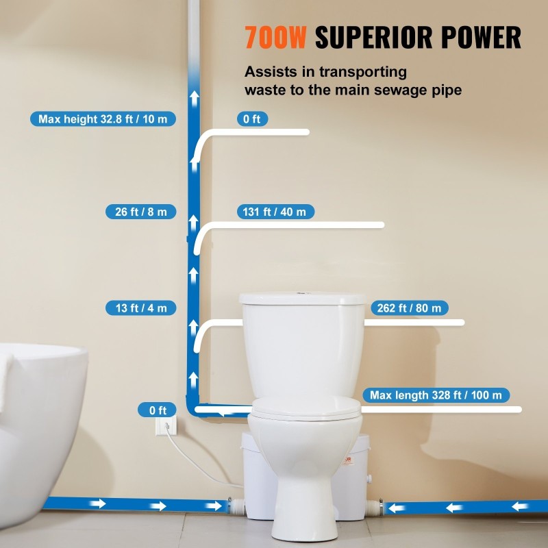 Maceroiva keramiikkainen wc-järjestelmä kellariin 700 watin pumpulla kolmella tuloliitännällä ja kaksitoimisella huuhtelulla