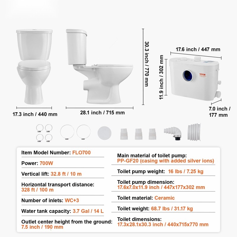 Maceroiva keramiikkainen wc-järjestelmä kellariin 700 watin pumpulla kolmella tuloliitännällä ja kaksitoimisella huuhtelulla