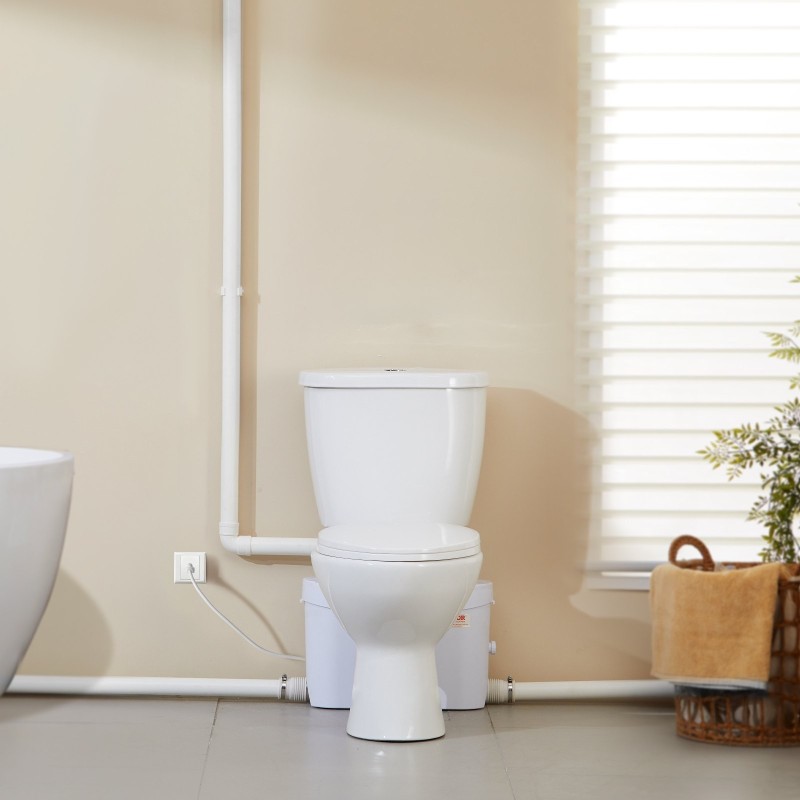 Maceroiva keramiikkainen wc-järjestelmä kellariin 700 watin pumpulla kolmella tuloliitännällä ja kaksitoimisella huuhtelulla