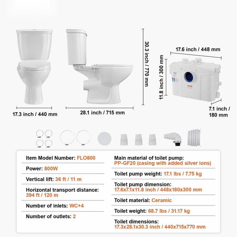 Jauhettava WC-järjestelmä 800 watin pumpulla keraaminen istuin kellariin kaksitoiminen huuhtelu 4 tuloliitäntää