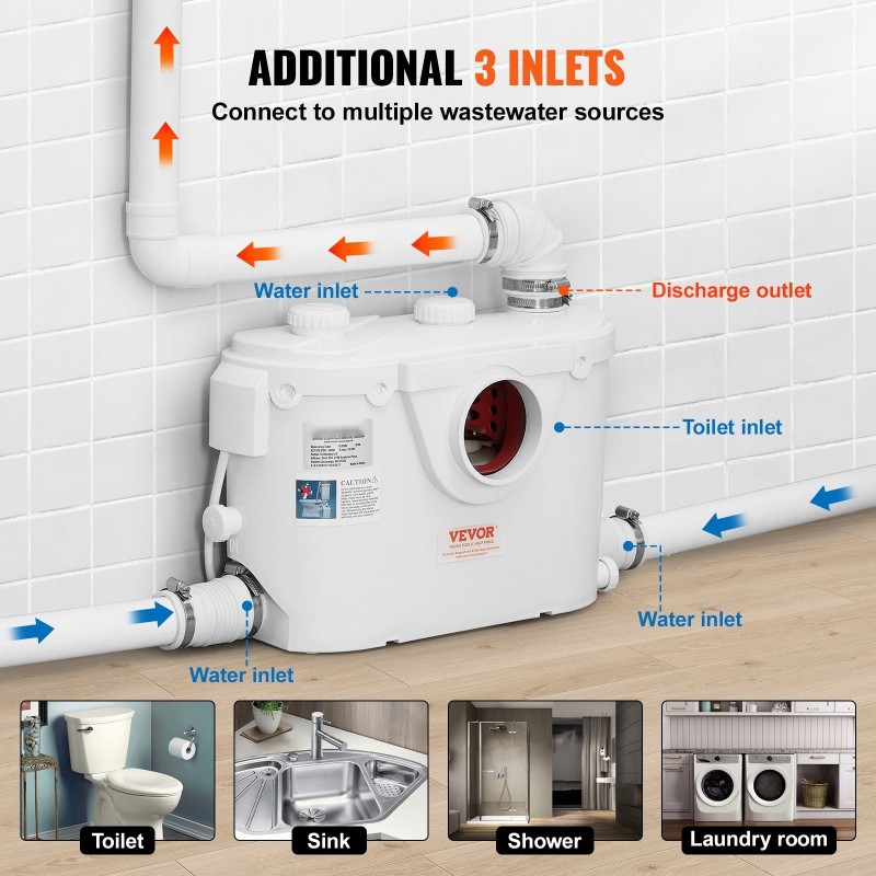 Jauhava WC-järjestelmä 500 watin pumpulla keraamisella istuimella kellariin kolme tuloa kaksitoiminen huuhtelu