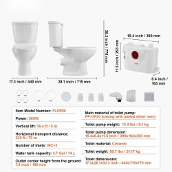 Jauhava WC-järjestelmä 500 watin pumpulla keraamisella istuimella kellariin kolme tuloa kaksitoiminen huuhtelu