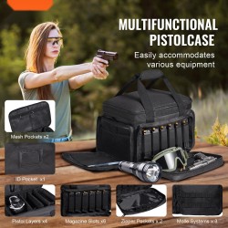 Ampumaratalaukku polyesterinen neljälle pistoolille kuudelle lippaalle irrotettavilla jakajilla paksulla pehmusteella musta