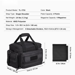 Ampumaratalaukku polyesterinen neljälle pistoolille kuudelle lippaalle irrotettavilla jakajilla paksulla pehmusteella musta