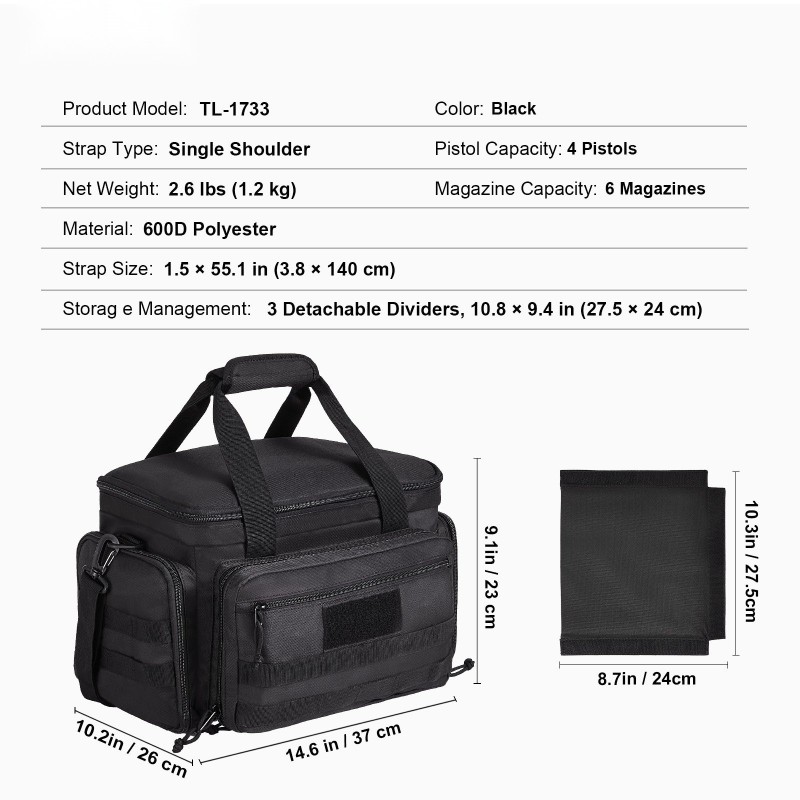 Ampumaratalaukku polyesterinen neljälle pistoolille kuudelle lippaalle irrotettavilla jakajilla paksulla pehmusteella musta