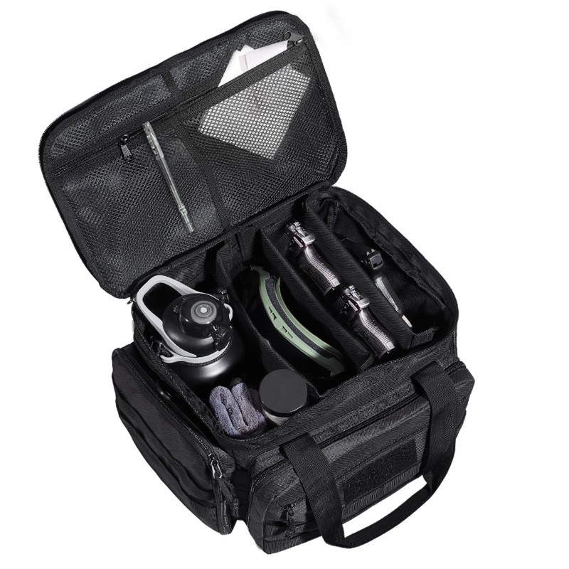 Ampumaratalaukku polyesterinen neljälle pistoolille kuudelle lippaalle irrotettavilla jakajilla paksulla pehmusteella musta