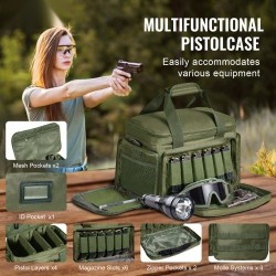 Ampumaratalaukku polyesteri neljälle pistoolille kuusi lipasta irrotettavilla jakajilla vihreä