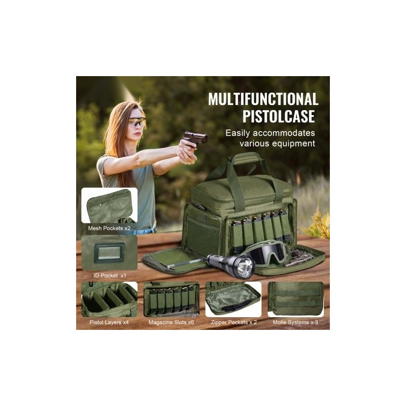 Ampumaratalaukku polyesteri neljälle pistoolille kuusi lipasta irrotettavilla jakajilla vihreä