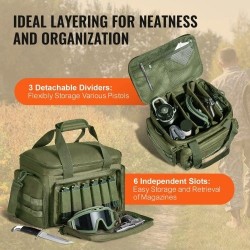 Ampumaratalaukku polyesteri neljälle pistoolille kuusi lipasta irrotettavilla jakajilla vihreä