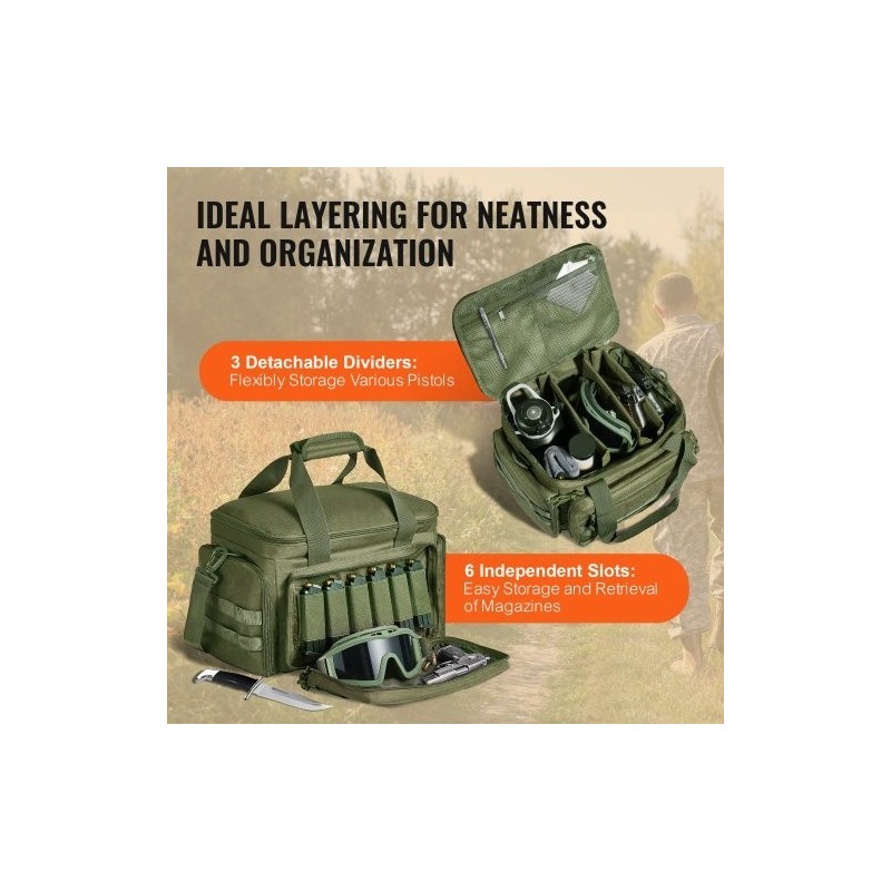 Ampumaratalaukku polyesteri neljälle pistoolille kuusi lipasta irrotettavilla jakajilla vihreä