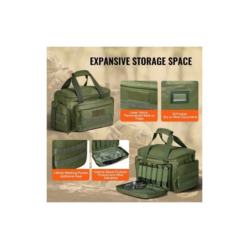 Ampumaratalaukku polyesteri neljälle pistoolille kuusi lipasta irrotettavilla jakajilla vihreä