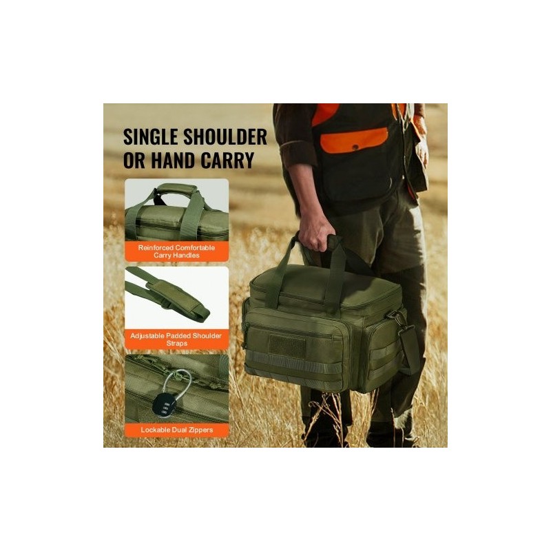 Ampumaratalaukku polyesteri neljälle pistoolille kuusi lipasta irrotettavilla jakajilla vihreä