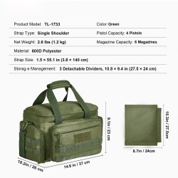 Ampumaratalaukku polyesteri neljälle pistoolille kuusi lipasta irrotettavilla jakajilla vihreä