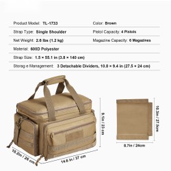 Ampumaratalaukku 600D polyesteri 4 pistoolia 6 lippaa 3 irrotettavaa jakajaa ruskea