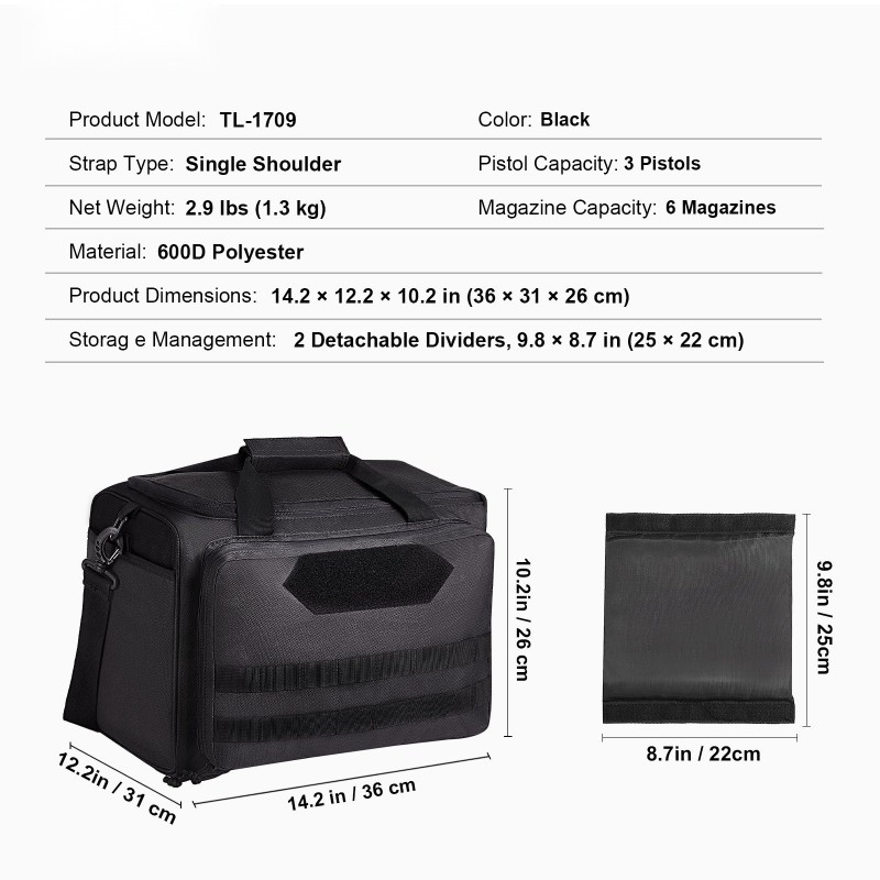 Pistoolilaukku 600D polyesteri 3 pistoolille 6 lippaalle pehmustettu musta
