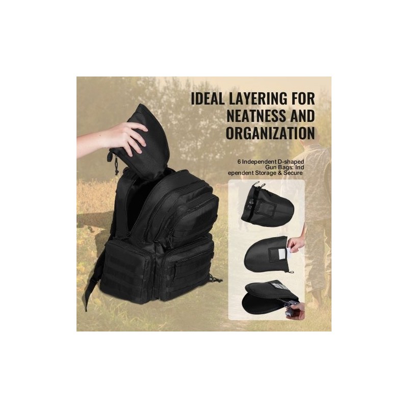 Taktinen ammuntareppu korkeatiheyksinen polyesteri kuusi pistoolia kymmenen lippaa lukittavat vetoketjut musta