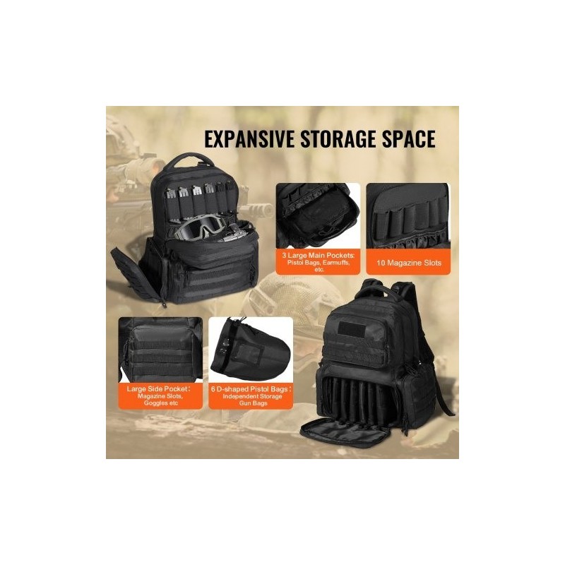 Taktinen ammuntareppu korkeatiheyksinen polyesteri kuusi pistoolia kymmenen lippaa lukittavat vetoketjut musta