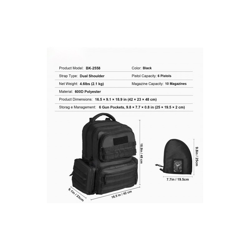 Taktinen ammuntareppu korkeatiheyksinen polyesteri kuusi pistoolia kymmenen lippaa lukittavat vetoketjut musta