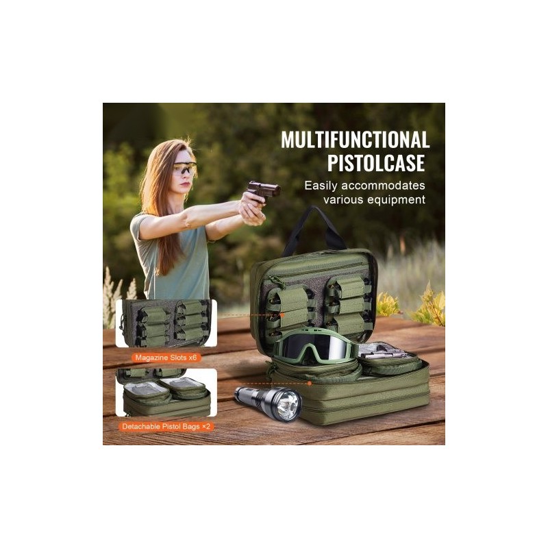 Ampumaratalaukku 600D polyesteri pehmustettu 2 pistoolille 6 lipasta vihreä ampumaradalle