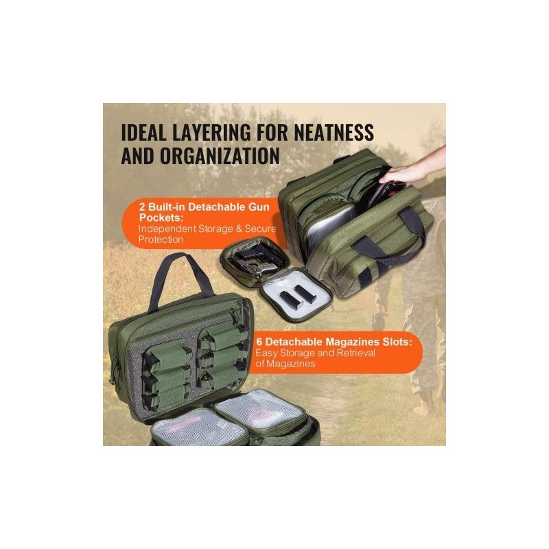 Ampumaratalaukku 600D polyesteri pehmustettu 2 pistoolille 6 lipasta vihreä ampumaradalle