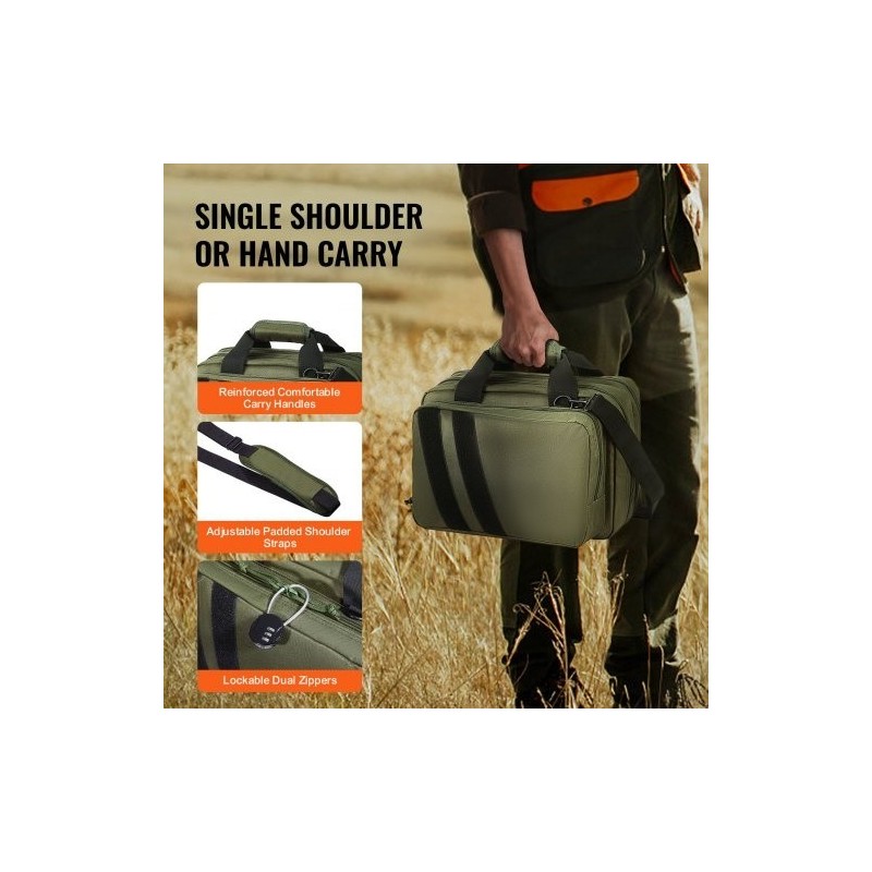 Ampumaratalaukku 600D polyesteri pehmustettu 2 pistoolille 6 lipasta vihreä ampumaradalle