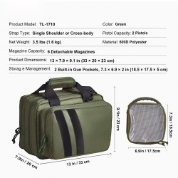 Ampumaratalaukku 600D polyesteri pehmustettu 2 pistoolille 6 lipasta vihreä ampumaradalle