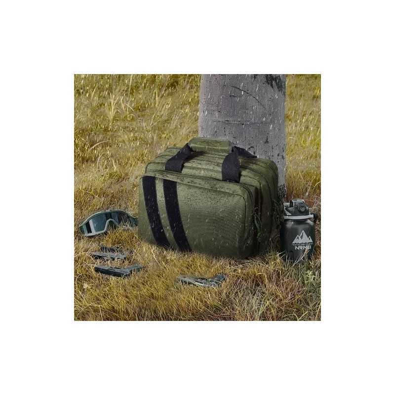 Ampumaratalaukku 600D polyesteri pehmustettu 2 pistoolille 6 lipasta vihreä ampumaradalle