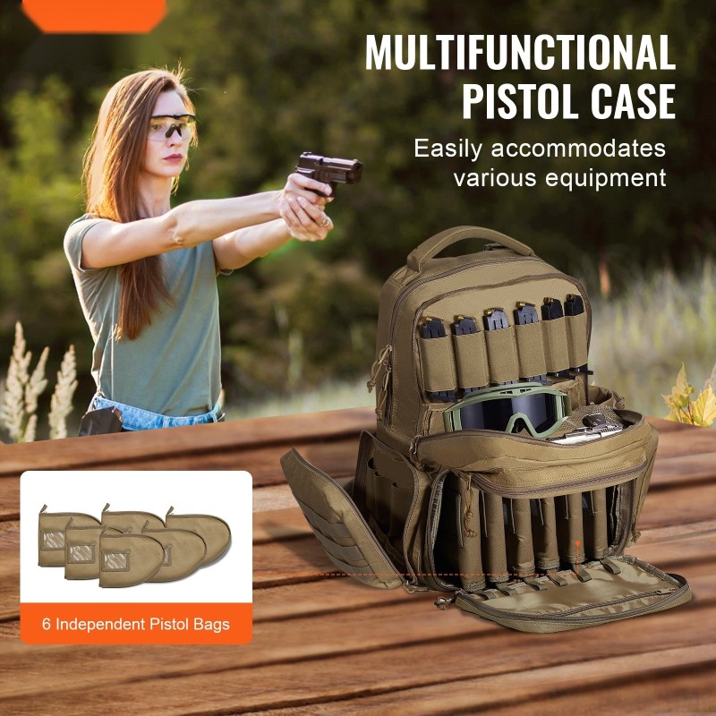 Taktinen ampumaratareppu 600D polyesteri 6 pistoolille 10 lipasta ruskea lukittavilla vetoketjuilla