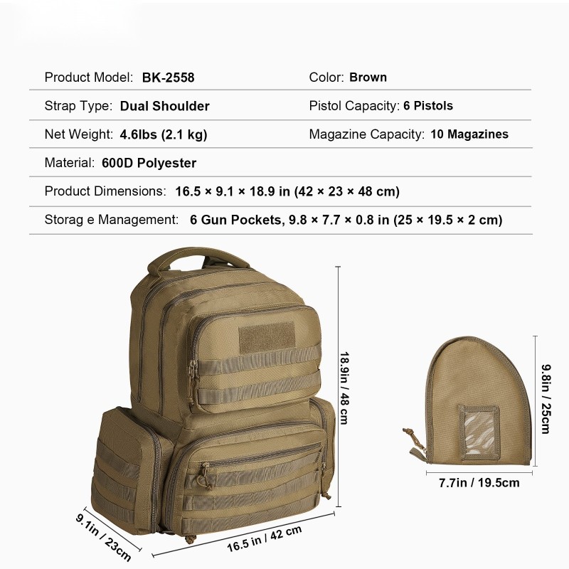 Taktinen ampumaratareppu 600D polyesteri 6 pistoolille 10 lipasta ruskea lukittavilla vetoketjuilla