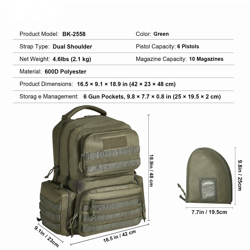 Taktinen ampumaratareppu 600D polyesteri 6 pistoolille 10 lippaalle vihreä