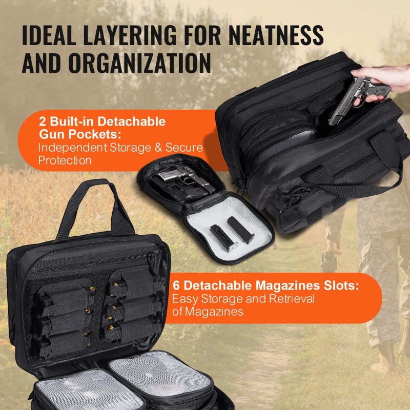 Ampumaradalaukku vesitiivis 600D polyesteri 2 pistoolia 6 irrotettavaa lippasta musta