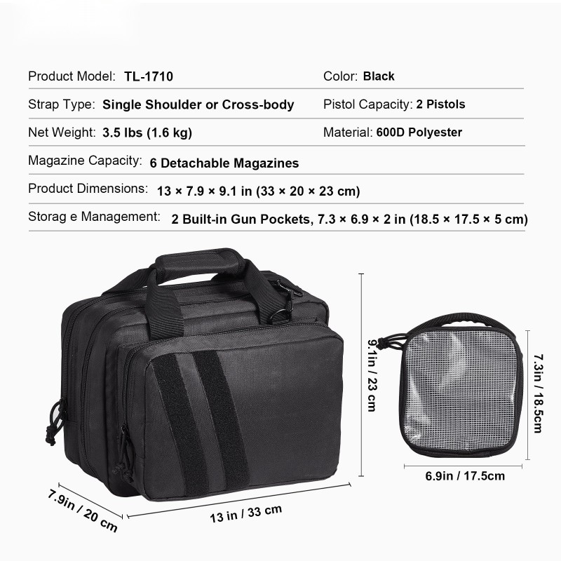 Ampumaradalaukku vesitiivis 600D polyesteri 2 pistoolia 6 irrotettavaa lippasta musta