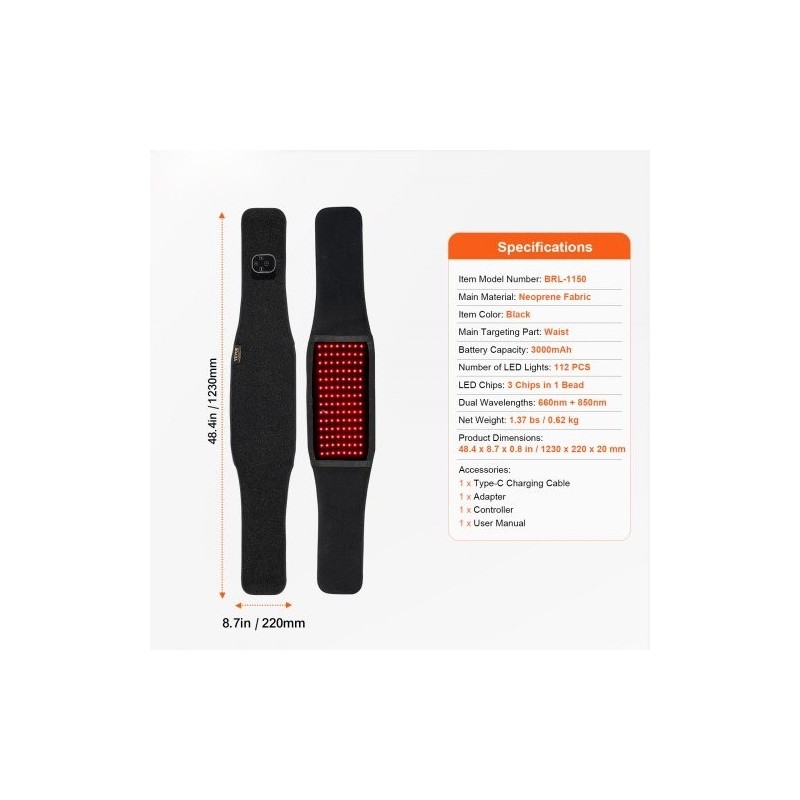 Punavalovyö neopreenikankaasta vyötärölle 660 nm ja 850 nm 112 LED 3000 mAh