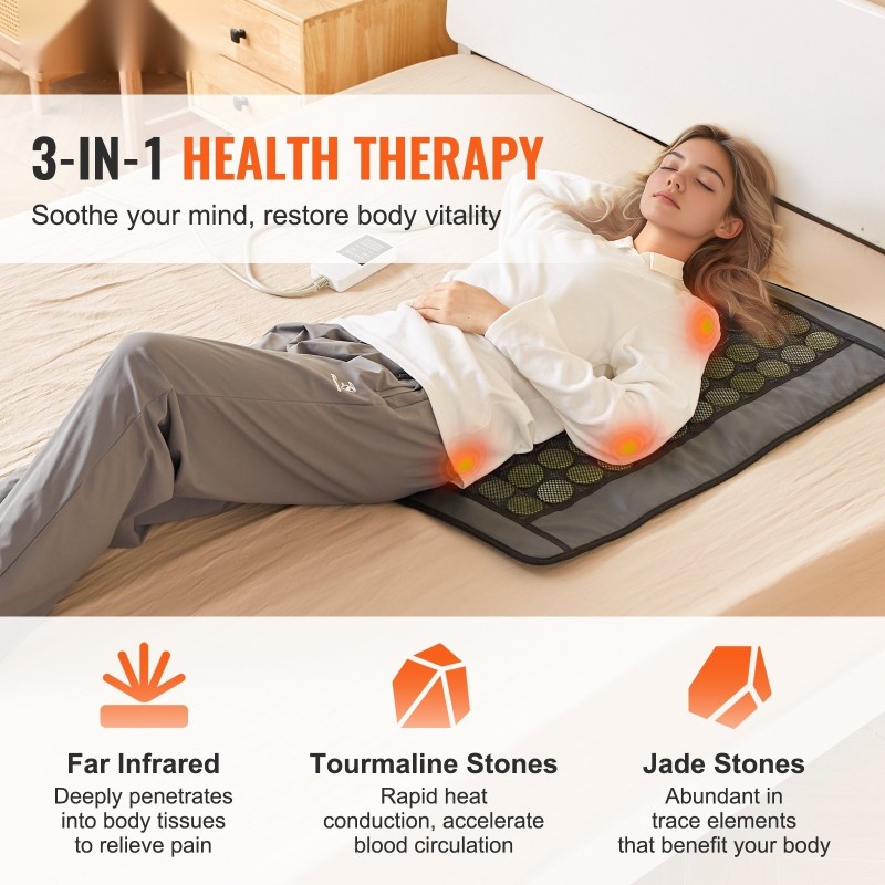 Kaukoinfrapunalämpötyyny keinonahkainen 48 jadekiveä 24 turmaliinikiveä keskikoko selälle