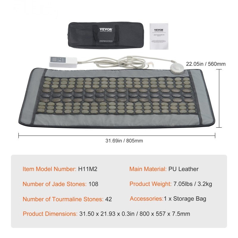 Kauko-infrapunalämpötyyny 108 jade-kiveä ja 42 turmaliinikiveä keskikoko 800 x 557 mm selälle
