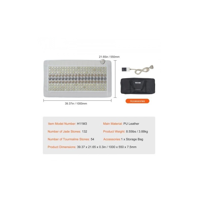 Kaukoinfrapunainen selän lämpötyyny PU-nahka 132 jadekiveä 54 turmaliinikiveä 1000 x 550 mm