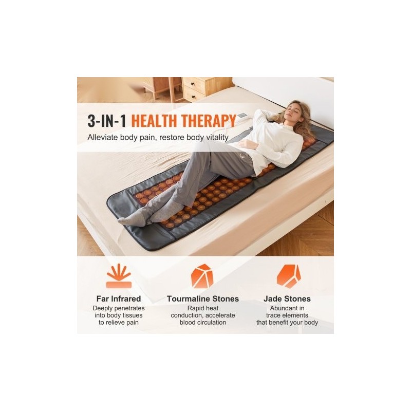 Infrapunalämpömatto PU-nahkainen 1780×604 mm koko keholle 96 jadekiveä 72 turmaliinikiveä