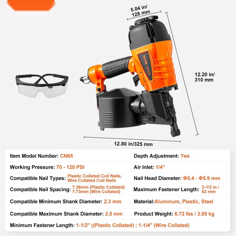 Paineilmakelanaulain alumiini muovi teräs 31–63 mm 250 naulaa syvyyden säätö