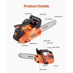 Bensiiniketjusaha 25 cm³ 12-tuumainen laippa muovi ja alumiinirunko kaksoispolttoainetankit liukumaton kahva