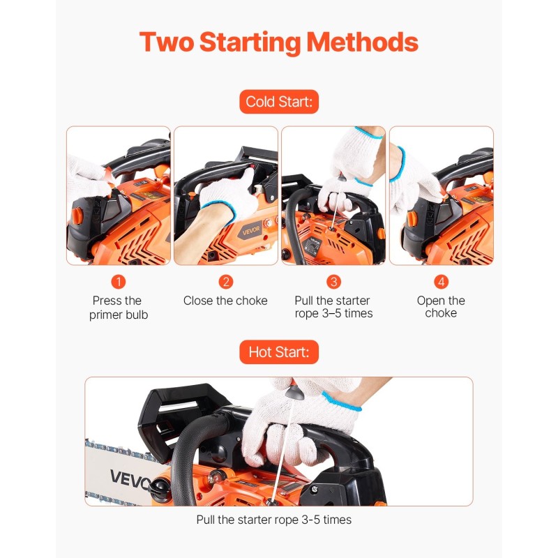 Bensiiniketjusaha 25 cm³ 12-tuumainen laippa muovi ja alumiinirunko kaksoispolttoainetankit liukumaton kahva