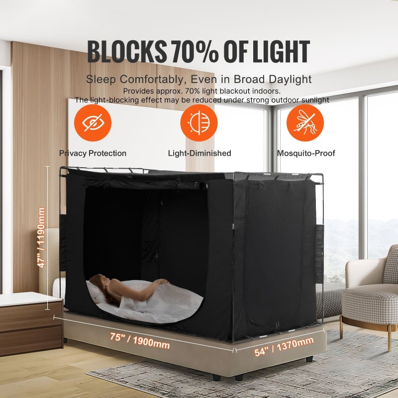 Sängyn teltta 1900x1370x1190 mm musta 70 % valonpimennys 3 ovea