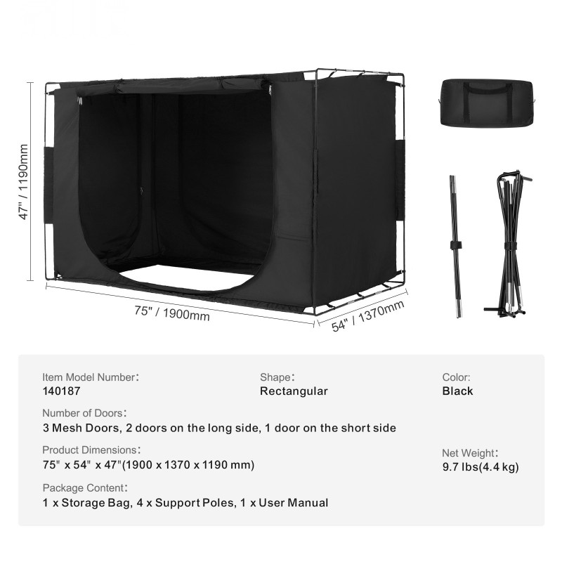 Sängyn teltta 1900x1370x1190 mm musta 70 % valonpimennys 3 ovea