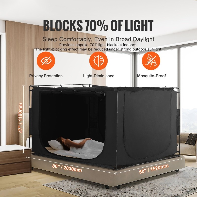 Sängyn teltta 2030x1520x1190 mm noin 70% pimentävä kangas musta 3 ovea