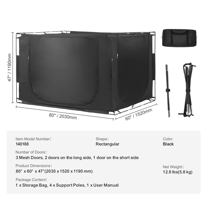 Sängyn teltta 2030x1520x1190 mm noin 70% pimentävä kangas musta 3 ovea