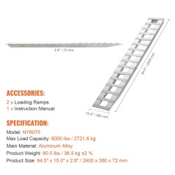 Alumiiniset kuormausrampit 2 kpl 2400 mm 2722 kg kantavuus