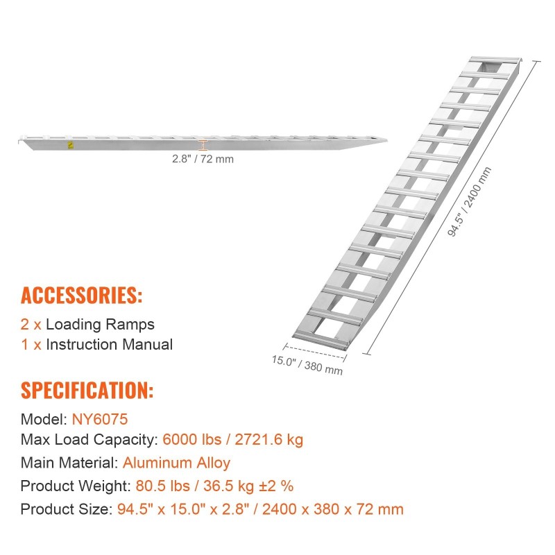 Alumiiniset kuormausrampit 2 kpl 2400 mm 2722 kg kantavuus