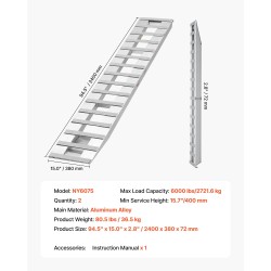 Alumiininen lastausramppipari 2400 mm pitkä 380 mm leveä 2721,6 kg