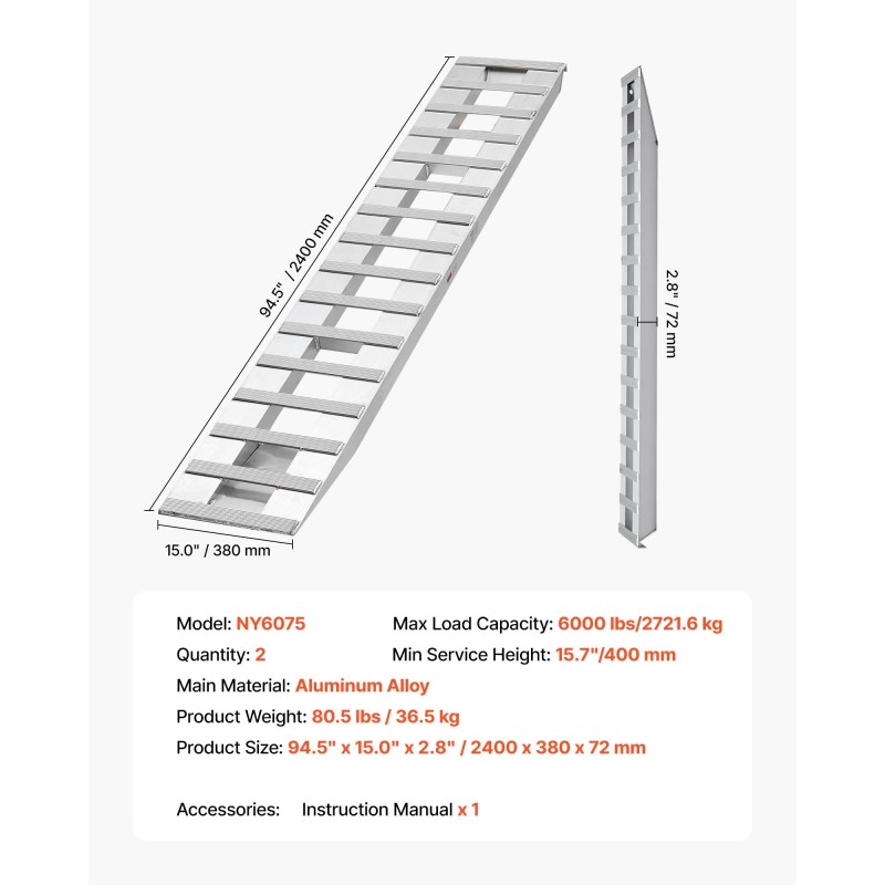 Alumiininen lastausramppipari 2400 mm pitkä 380 mm leveä 2721,6 kg